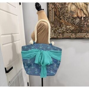 Mud Pie Tote Bag Womens Large Blue Anchor Nautical Rope Handle‎ Shoulder Beach